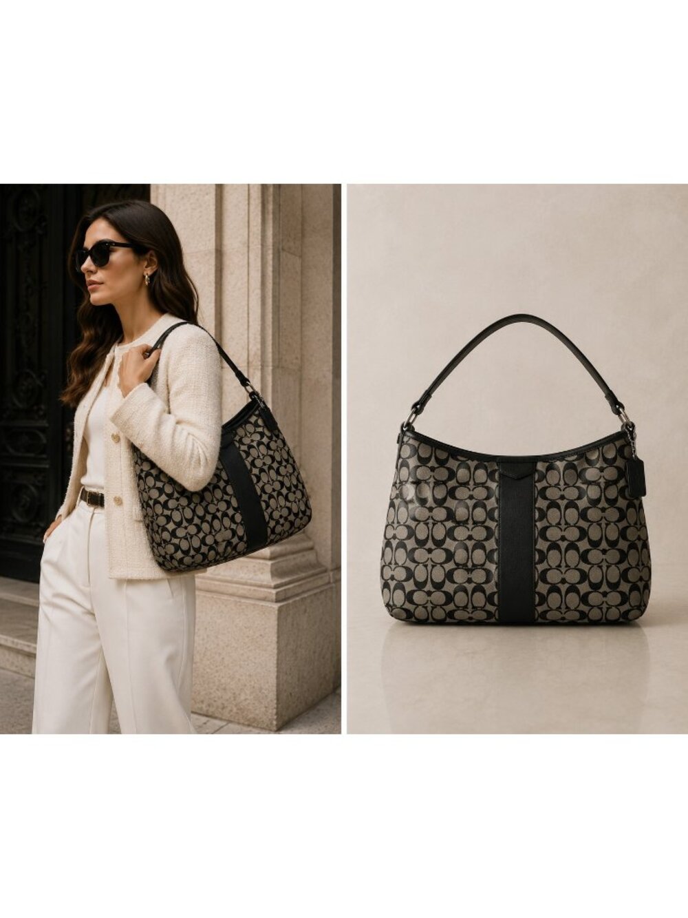 Coach F29941 Signature Stripe Hobo Shoulder Bag Black Khaki Jacquard Leather